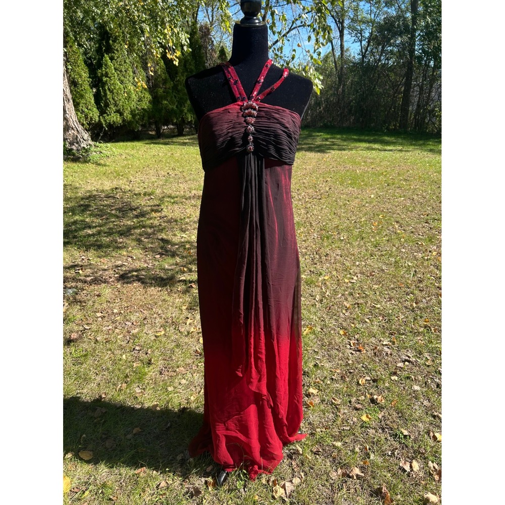 Cartise Silk Ombre Beaded Halter Gown Red Burgundy Formal Dress Size 8
